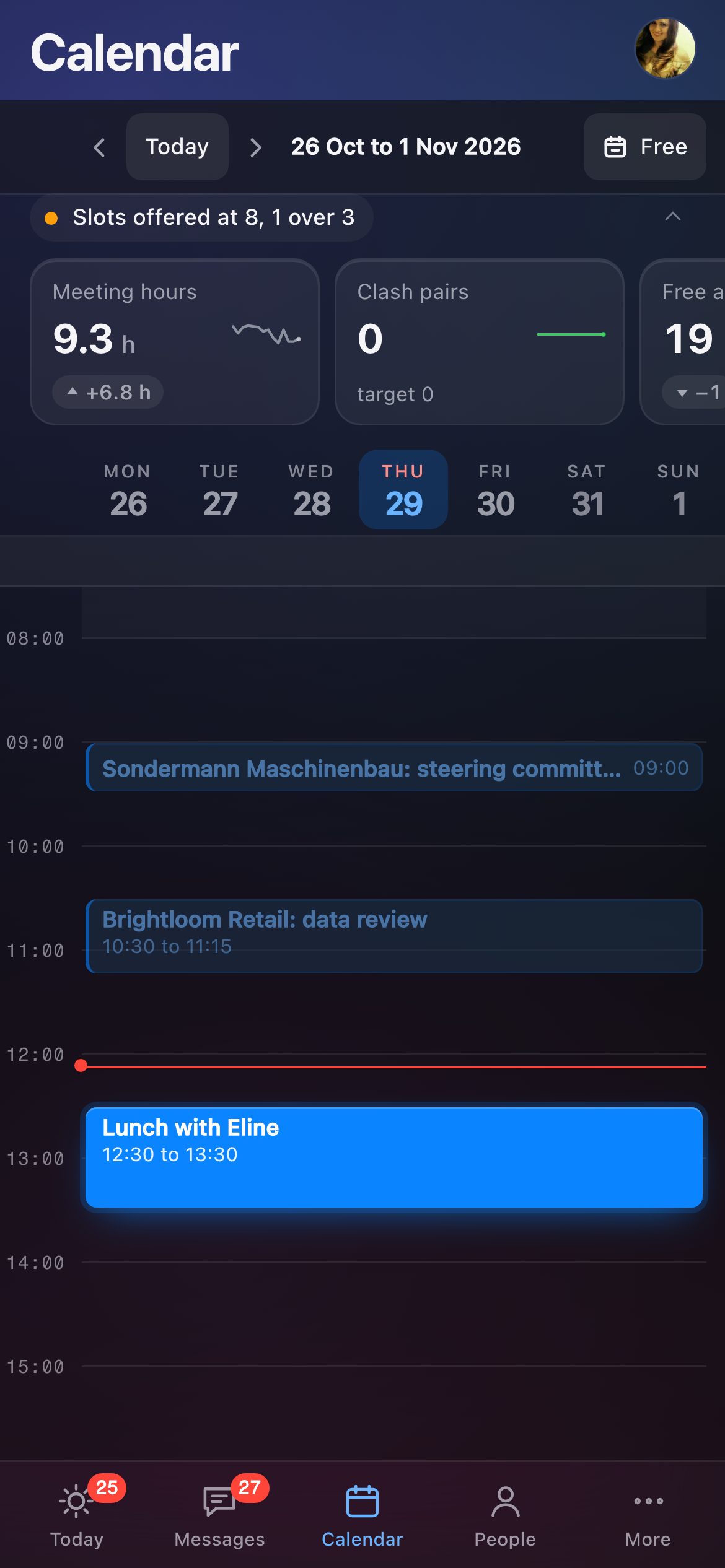The Calendar lane of the Bridge, on a fiction workspace