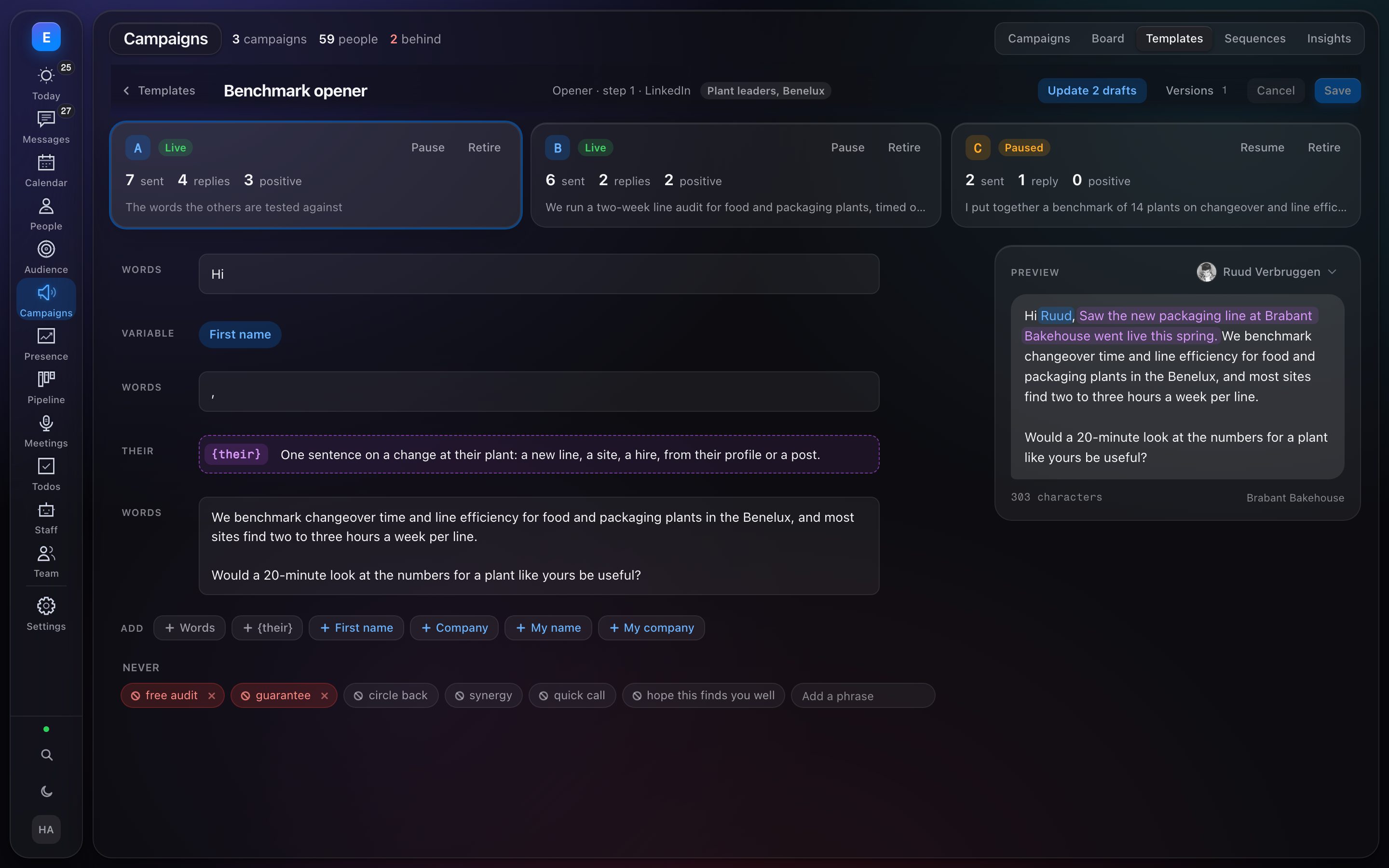 The template builder in the Campaigns lane of the Bridge, on a fiction workspace